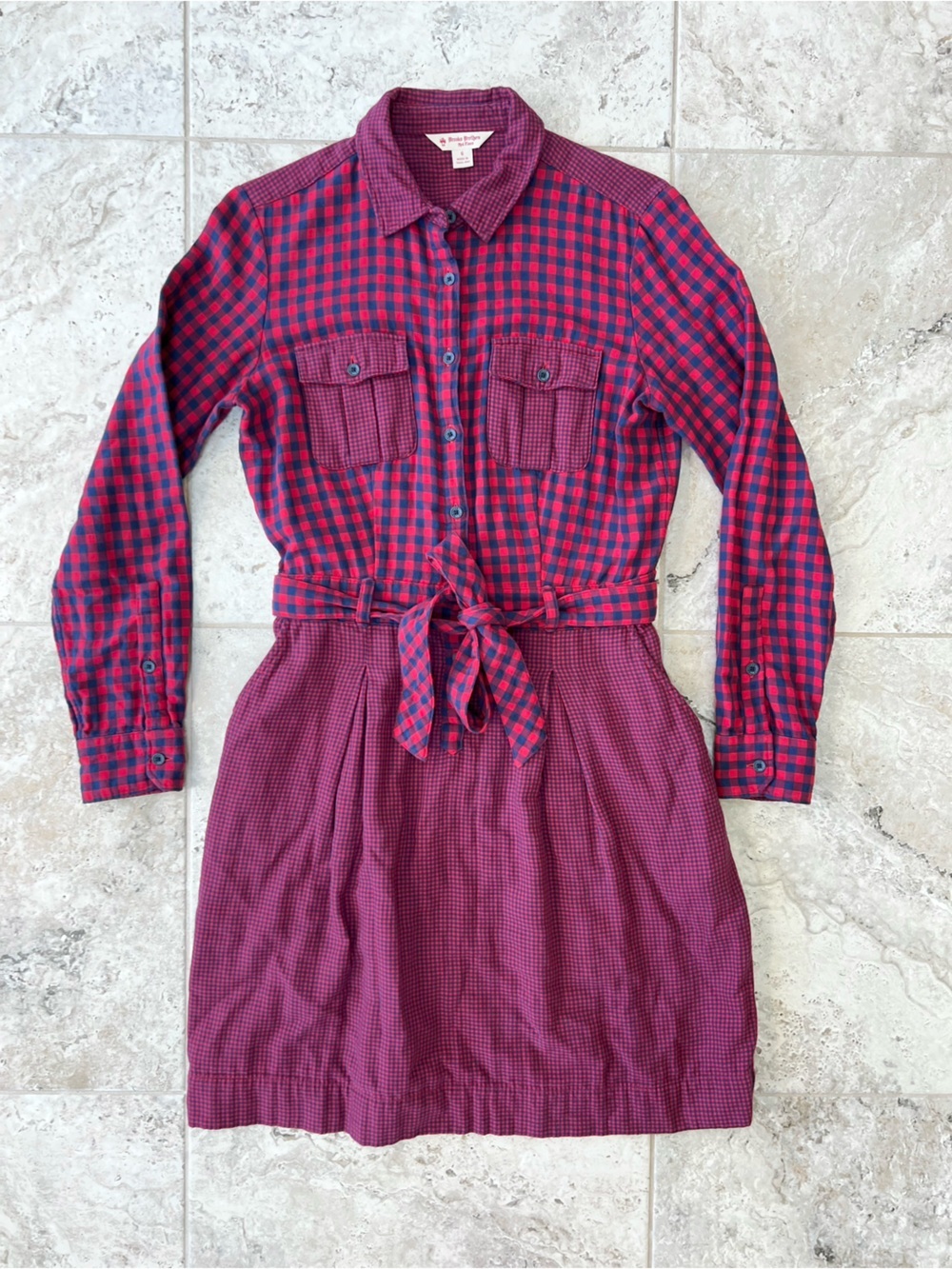 Brooks Brothers Plaid Flannel Cotton Long Sleeve Tie Waist Shirt Dress Pockets 6 - Picture 9 of 9